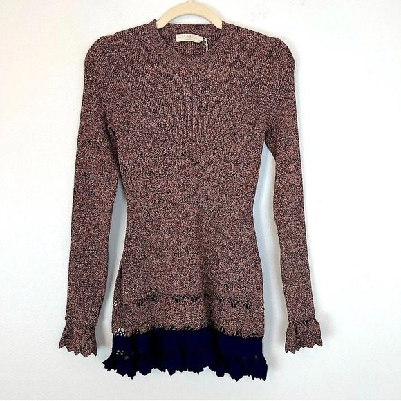 Ulla Johnson Katja Ribbed Ruffle Trim Long Sleeve Tunic Knit Top Iris XS Boho - Picture 2 of 7